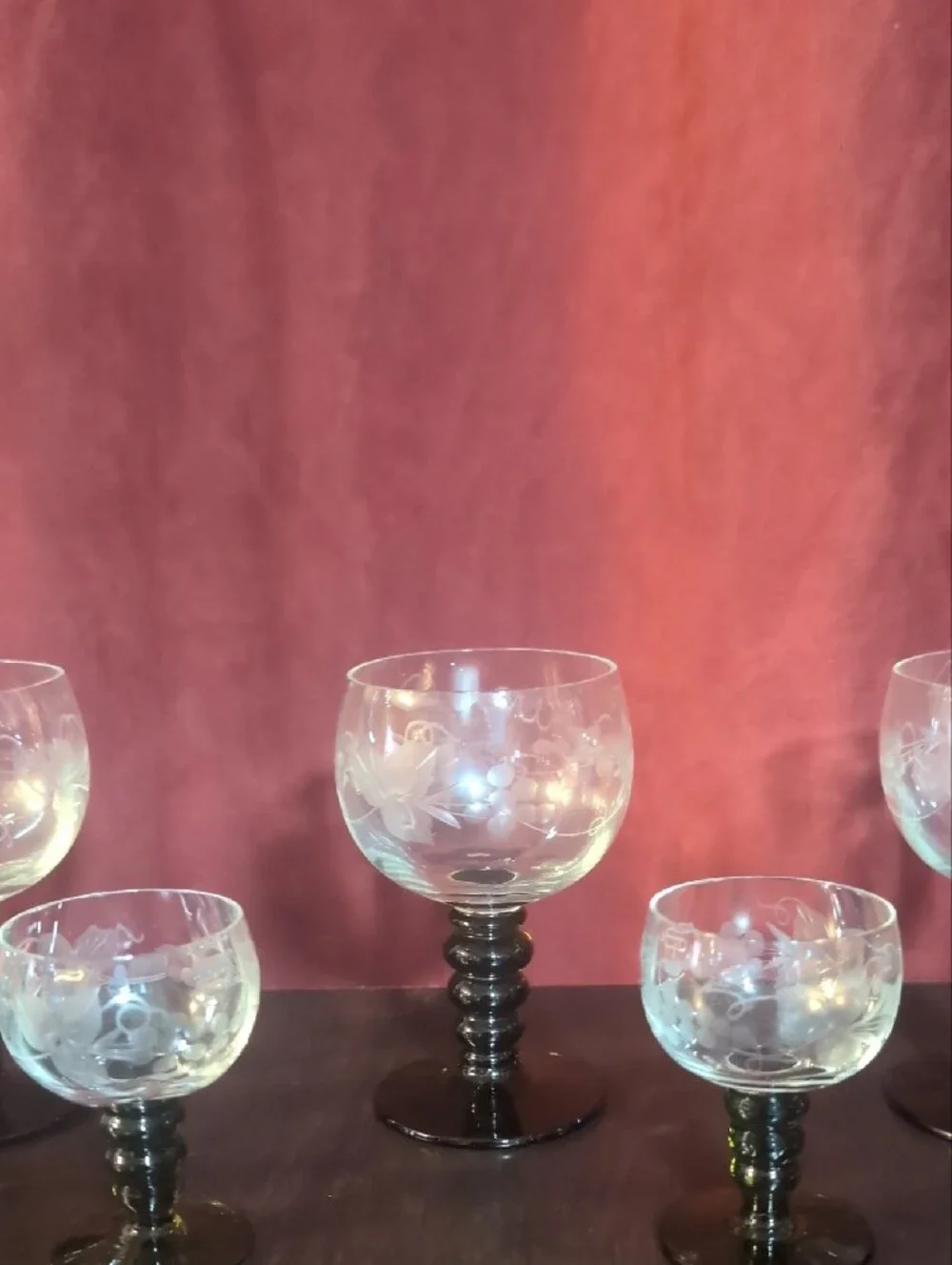 Vintage Roemer Goblets & Cordial Glasses Etched Grapevine Green Beehive Stem